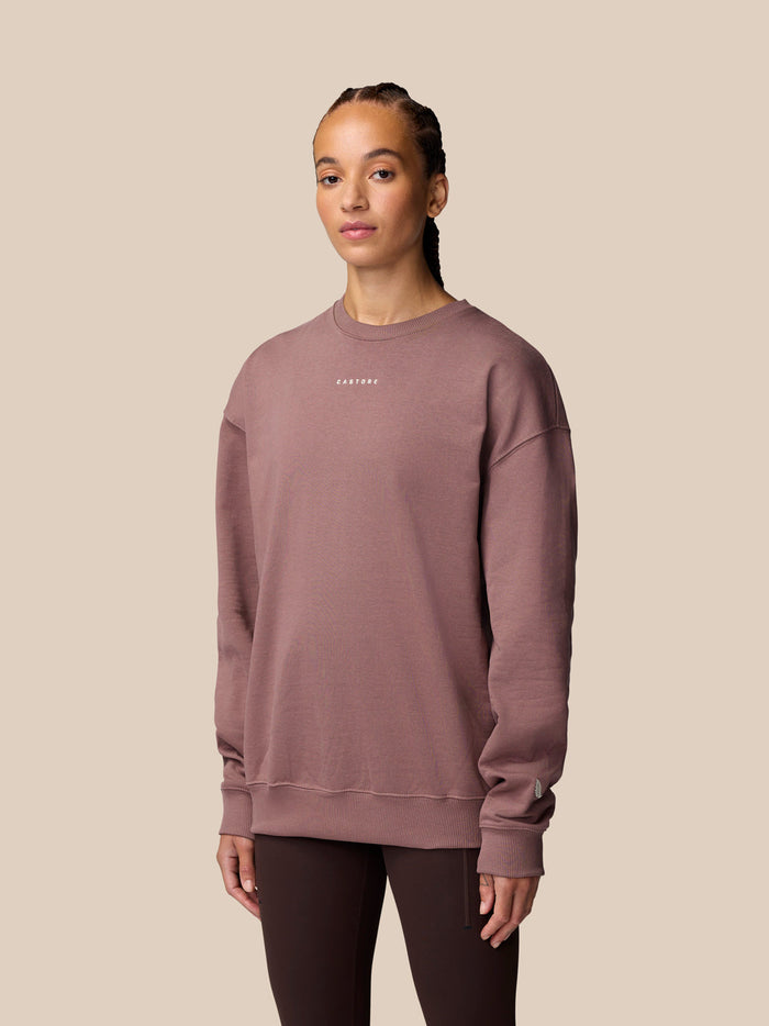 Model wearing mauve Adapt Lifestyle Sweatshirt in an oversized fit with a small chest logo and left arm wing emblem.