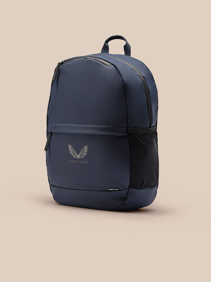 Navy Active Small Backpack front view with zipped front pocket top handle and Castore logo