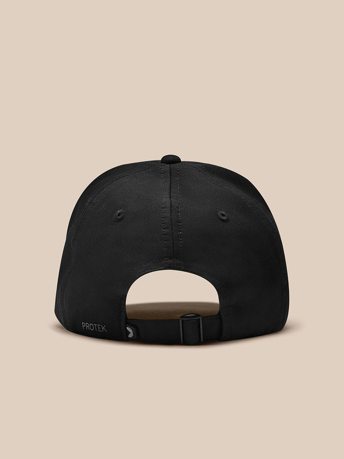 Back view of black cap with adjustable strap and Protek branding