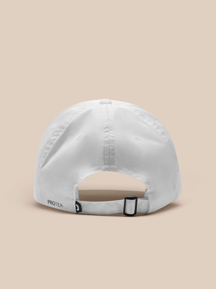 Back view of a white unisex cap showing the adjustable strap and buckle