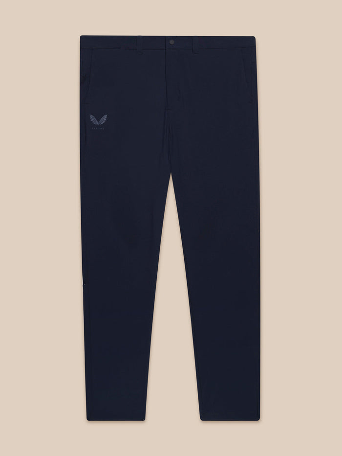 Flat lay navy Golf Club Trousers with the logo at the hip and clean front lines