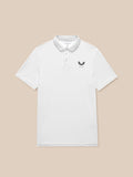 White men's golf polo with pointed collar and three-button placket, Castore branding on left chest and upper back.