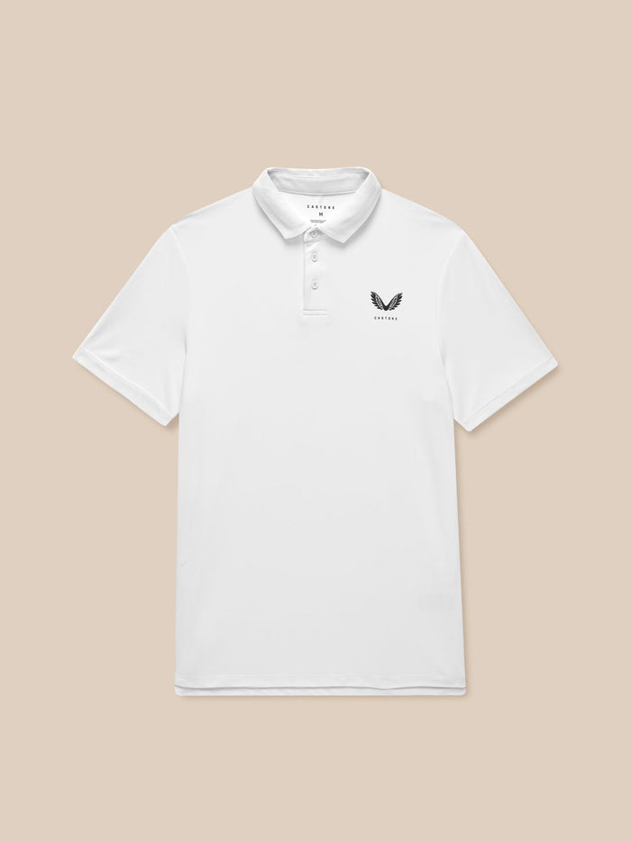 White men's golf polo with pointed collar and three-button placket, Castore branding on left chest and upper back.