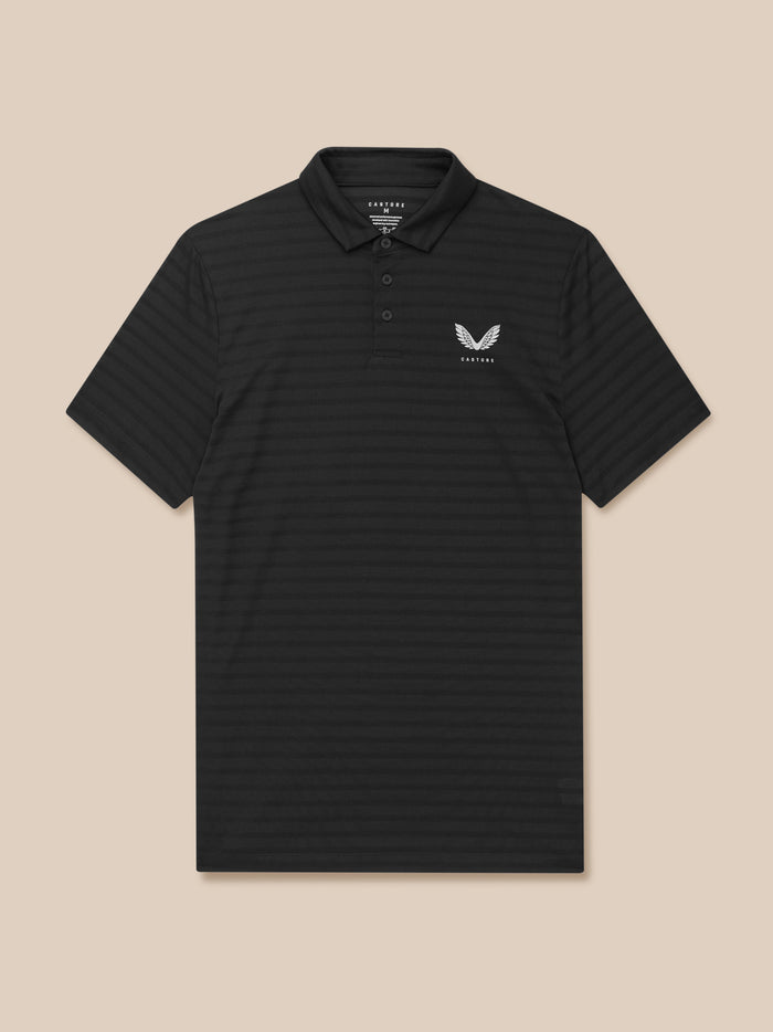 Close-up of the black Pinnacle Pique Stripe Polo fabric with subtle stripes and the Castore chest logo