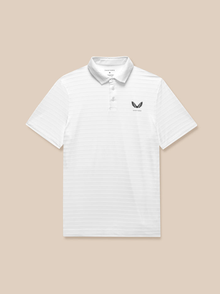 White pique stripe golf polo with Castore branding on the left chest