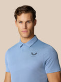 Front view of a man wearing sky blue Engineered Knit Polo with chest logo and textured knit.