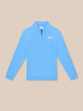 Close-up of light blue Castore Golf Club Classic quarter zip top showing the front zip and left chest logo.