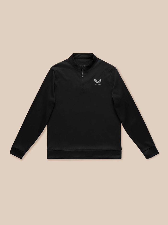 Black men's golf long sleeve Club Classic quarter zip top with stand collar, Castore logo on left chest and Protek branding on lower back.