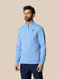 Male model wearing Sky Blue Golf Club Classic Quarter Zip Top with stand collar and chest logo.