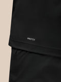 Close-up of the lower back area of the black gilet with Protek branding.