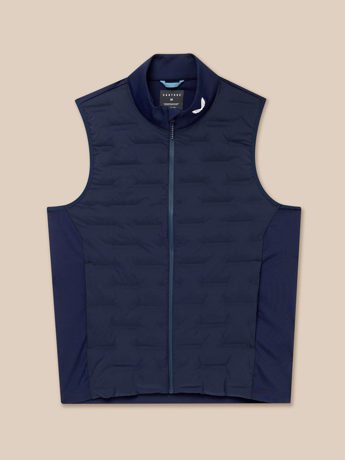 Flat lay of Golf Pinnacle Gilet in midnight navy showing sleeveless design and full front zip.
