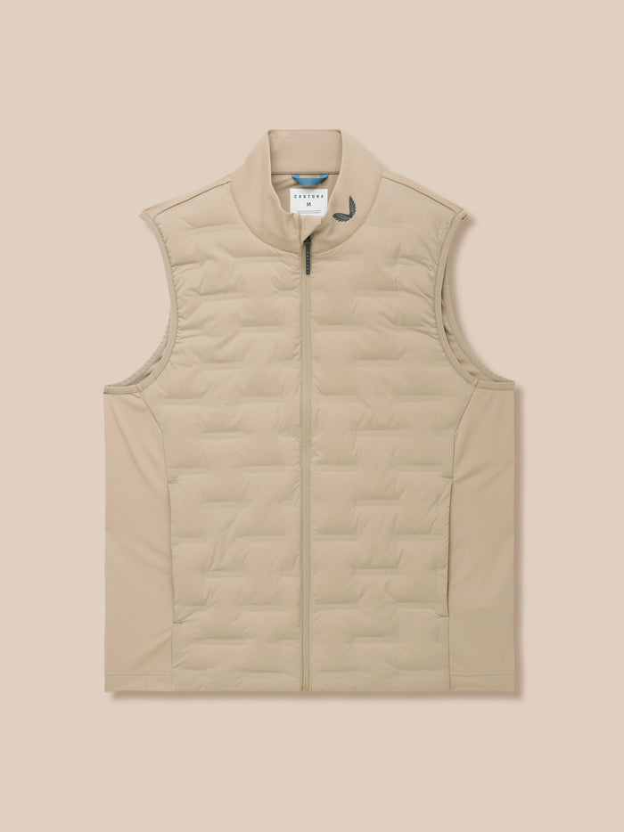 Beige Castore Golf Pinnacle lightweight gilet front view with quilted panels and funnel collar