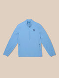 Front view of a sky blue Golf Flex Jacket laid flat, showing a half-zip collar and chest logo.