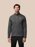 Charcoal Garcia Hybrid Jacket on model with stand collar and zip pockets.