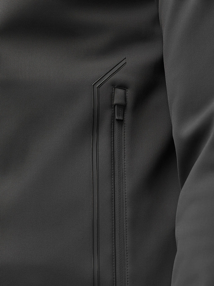 Close up of a water resistant side zip pocket with puller on the charcoal Garcia Hybrid Jacket