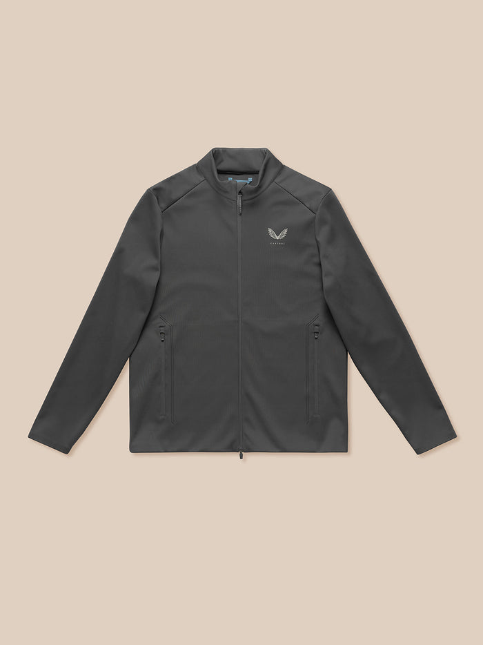 Charcoal Garcia Hybrid Jacket laid flat with stand collar full front zipper zip pockets and Castore branding.