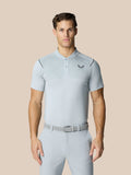 Front view of a male model wearing a light grey Pinnacle Golf LVS Polo with a diagonal chest pattern and logo