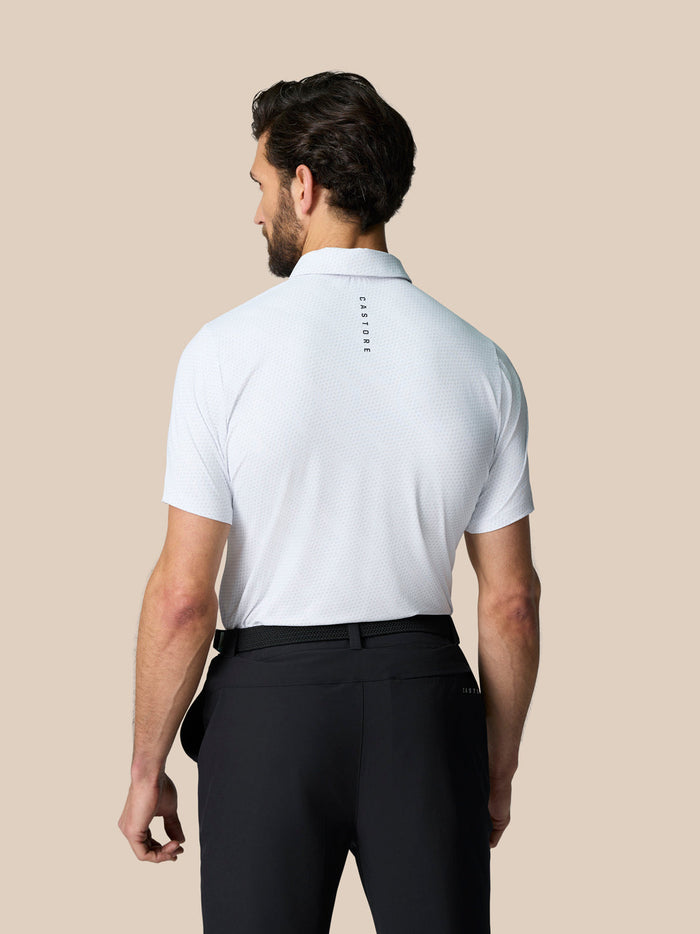 Back view of Club Graphic Polo White with subtle dot texture and CASTORE branding on the upper back