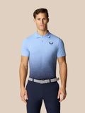 Model wearing Club Graphic Polo in sky blue with an ombre gradient print and Castore logo on the chest