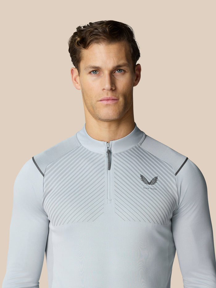 Male model wearing Pinnacle LVS 1/4 Zip Top in Mid Grey with matching pants.