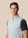 Head and shoulders of a male model in light grey golf gilet with a stand collar half zip and black dotted sleeves