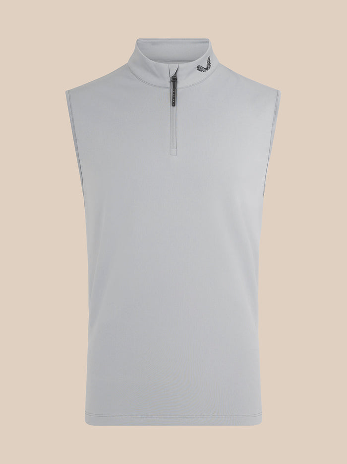 Front view of light grey sleeveless golf gilet with high neck and ½ zip closure