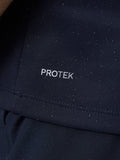 Close-up of navy ProTek fabric with water droplets to highlight its water resistant finish
