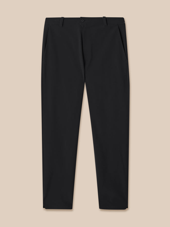 Front view of black Golf Pinnacle Winter Trouser showing waistband with button and zip fly.