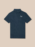 Close up of Golf Pinnacle Engineered Knit Polo in midnight navy with striped knit pattern and left chest logo
