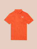 Flat lay of Pinnacle Glow Polo bright orange with striped print and buttoned collar