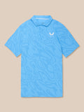 Front view of Glow Printed Polo Top in cool blue and white with three button placket and Castore logo on left chest