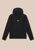 Back view of black hooded jacket with small white wing logo and blue trim inside the hood.