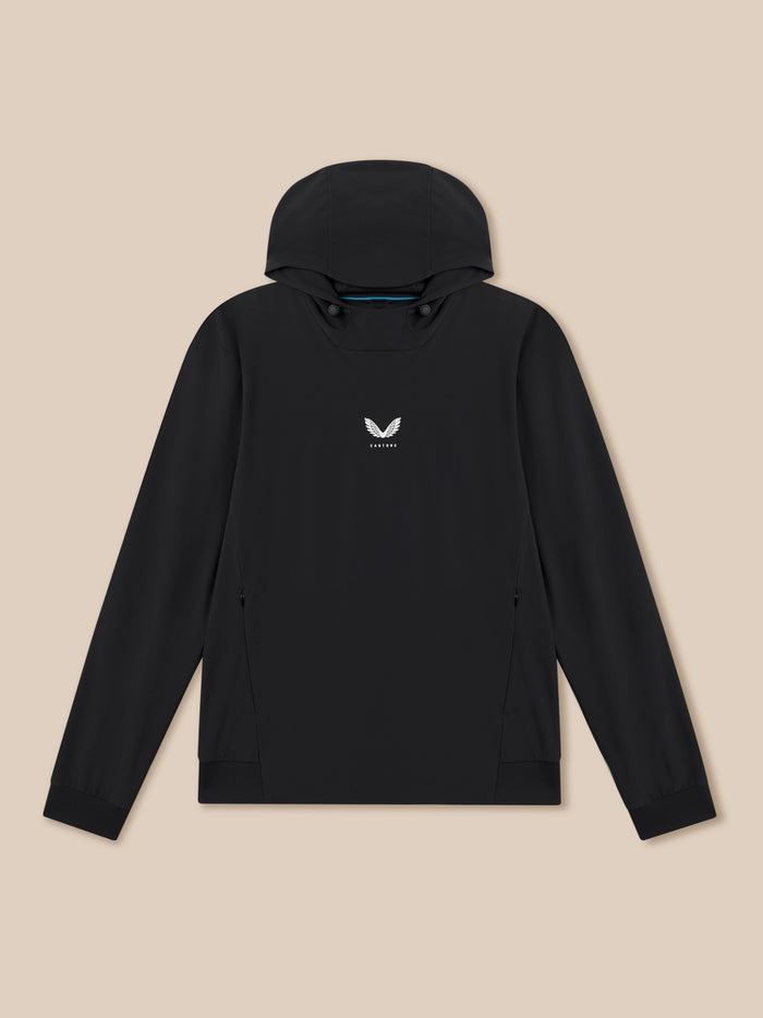 Back view of black hooded jacket with small white wing logo and blue trim inside the hood.