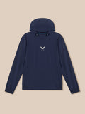 Back view of midnight navy Golf Pinnacle Performance Hoodie with hood up and centered Castore logo.
