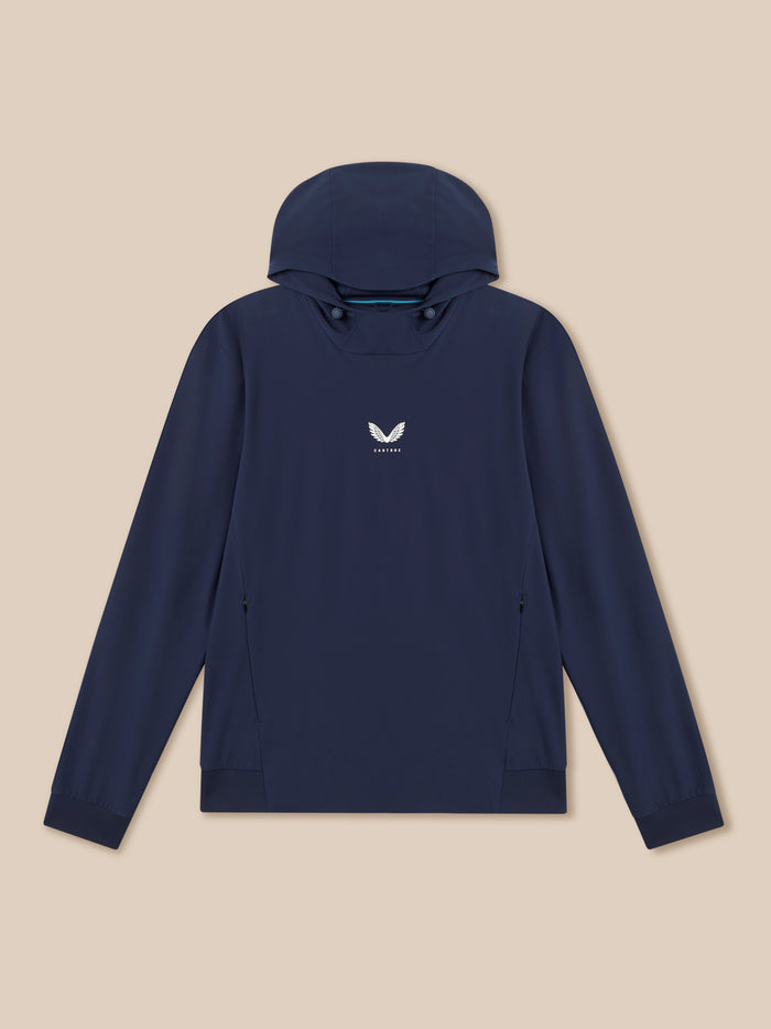 Back view of midnight navy Golf Pinnacle Performance Hoodie with hood up and centered Castore logo.