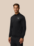Male model wearing black golf club classic quarter zip top with subtle pattern and Castore logo on chest