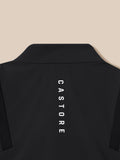 Back view close-up of the black Castore LVS winter jacket showing a curved collar against a beige backdrop.