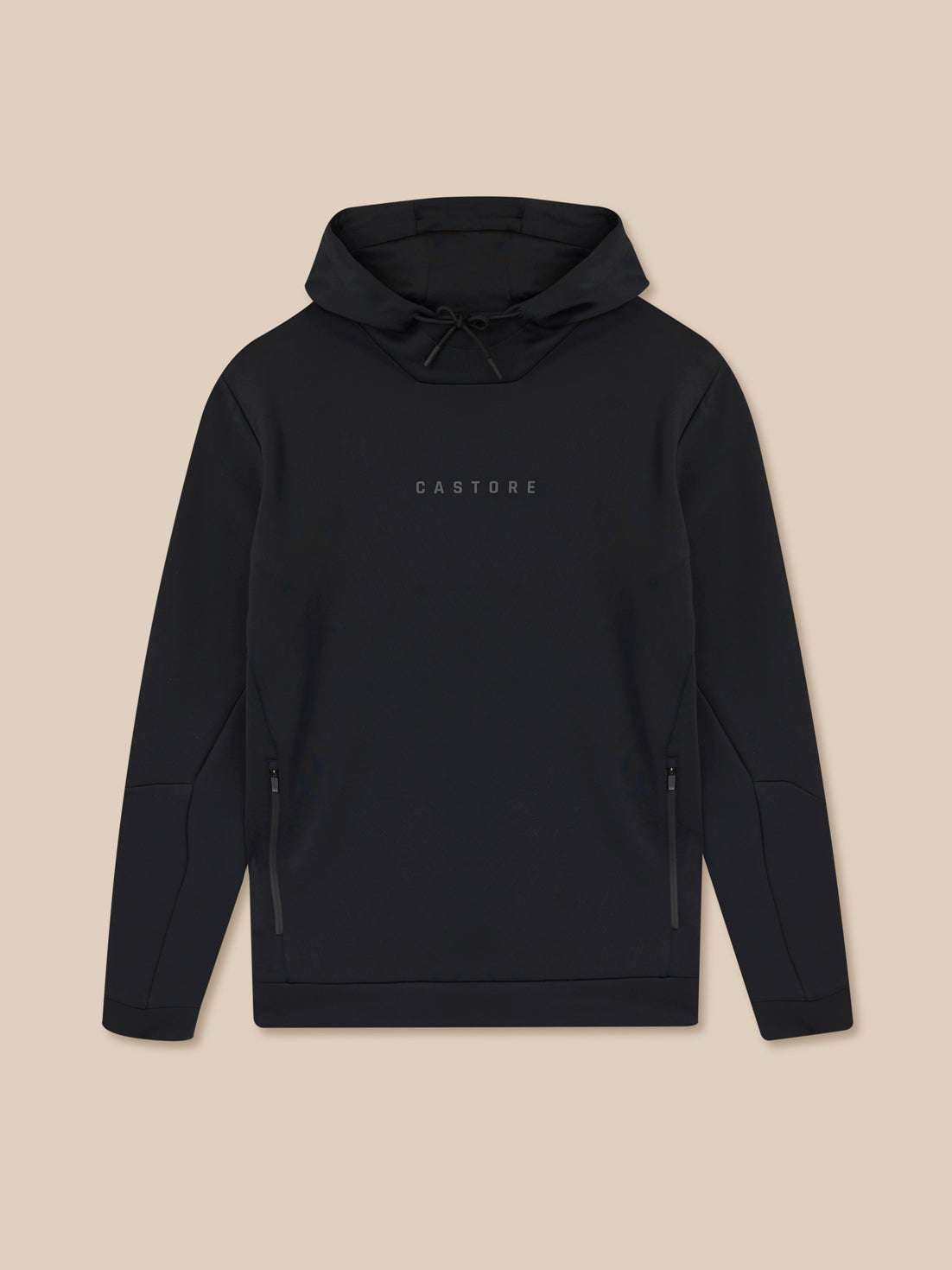 Black hoodie with 'CASTORE' branding on a beige background