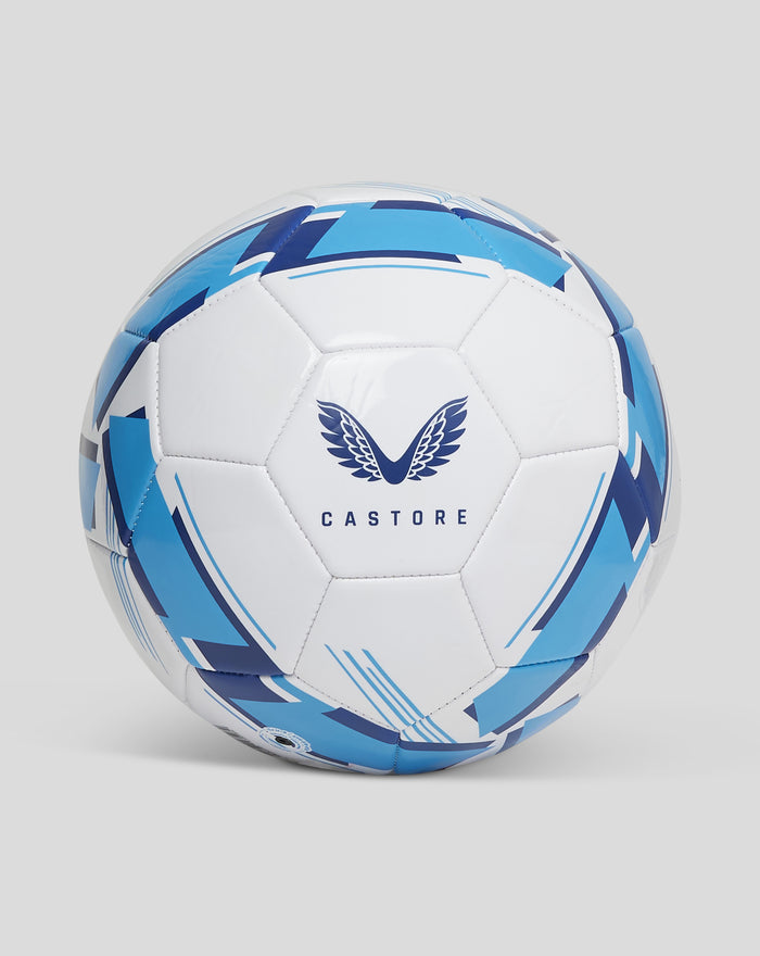 Close-up of a white Size 5 Preston North End football with bold blue panels and club crest.