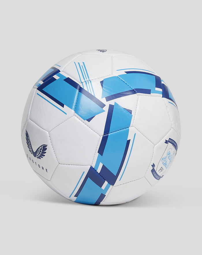 Partial view of the football showing blue angular patterns and Castore branding.