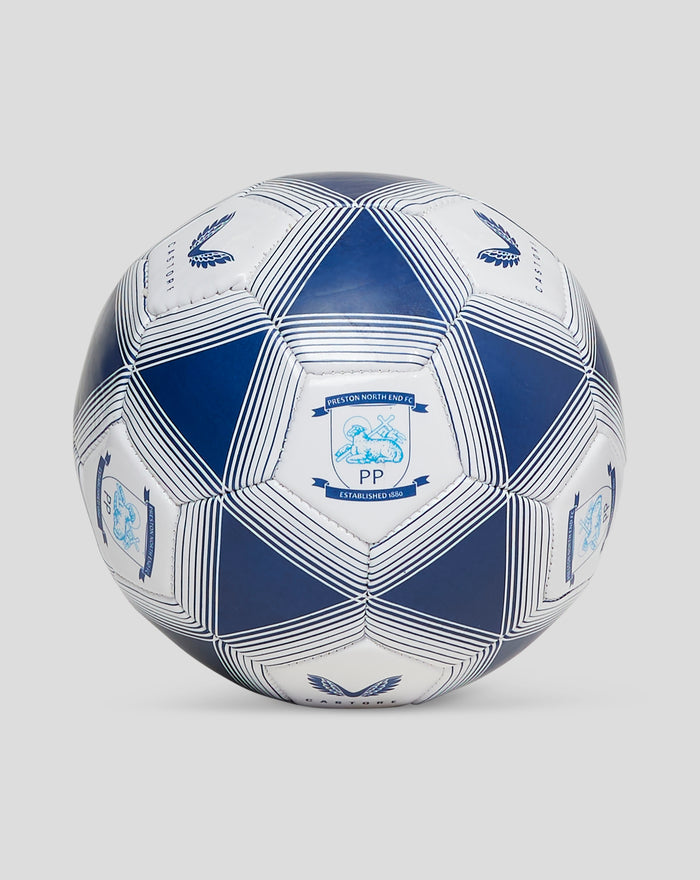 Size 1 Preston North End football with blue and white panels and Castore branding.