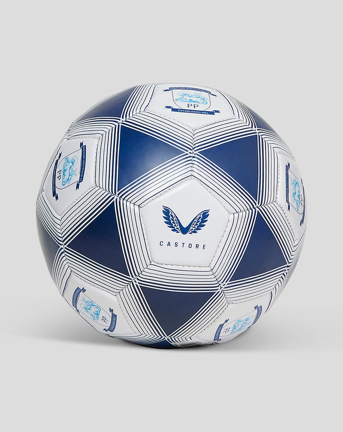 Front view of a Preston North End Castore football with blue white geometric panel design.