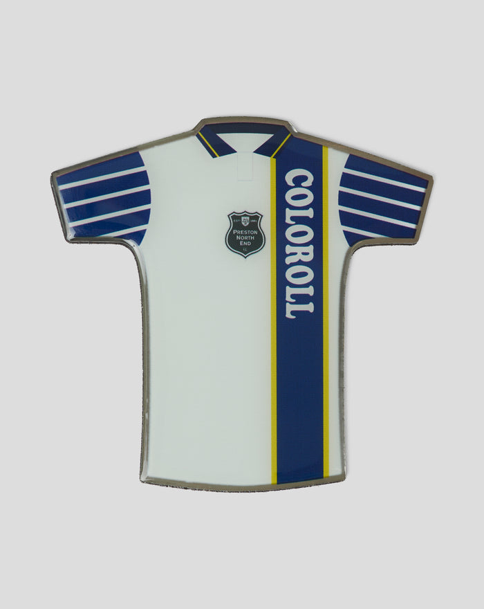 Large retro Preston North End shirt magnet featuring a white jersey with blue sleeves and crest