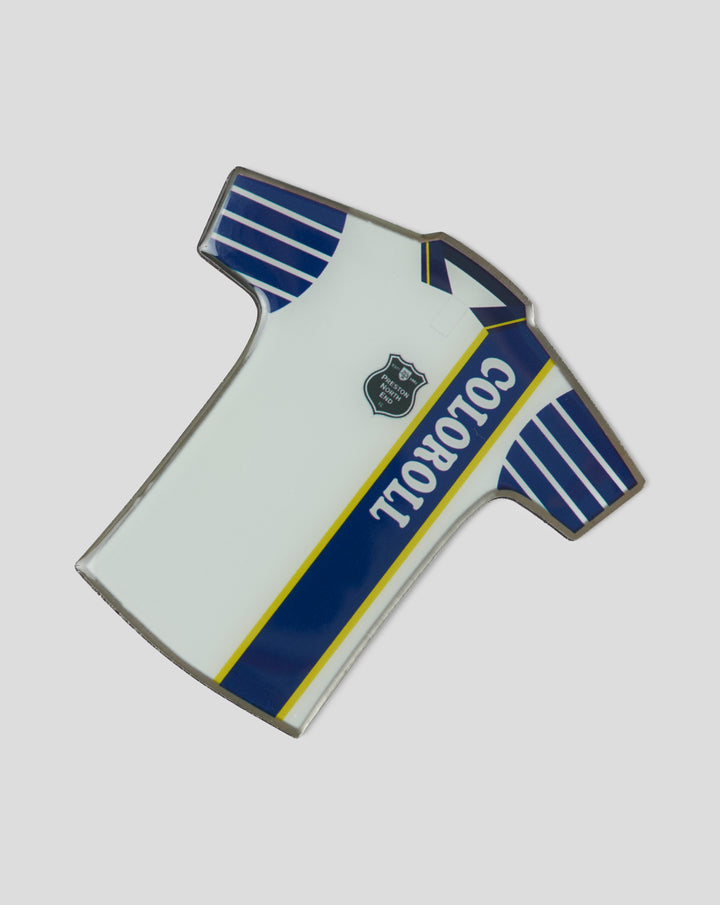 Retro Preston North End shirt magnet showing angled white jersey with blue stripes and crest