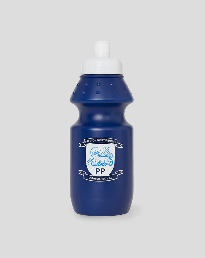 Blue plastic sports water bottle featuring the Preston North End FC crest and established 1880