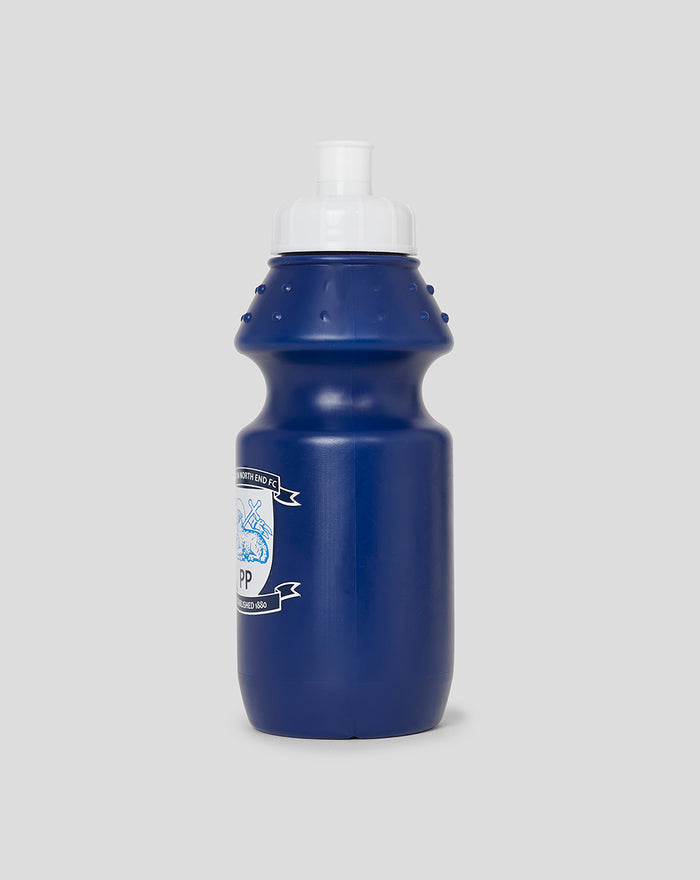 Blue plastic sports water bottle with white cap and crest logo on the side