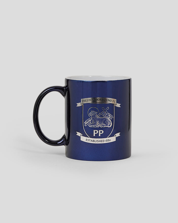 Navy blue metallic crest mug with a silver Preston North End FC emblem
