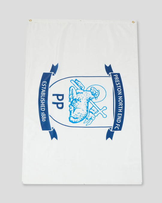 White flag featuring the Preston North End crest with blue ribbon borders and established date
