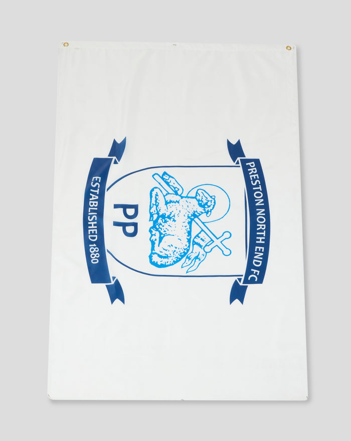 White flag featuring the Preston North End crest with blue ribbon borders and established date