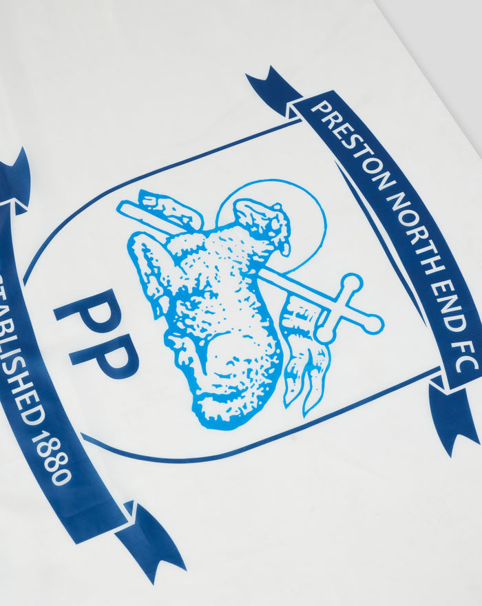 White flag with a blue Preston North End crest featuring a shield and banner